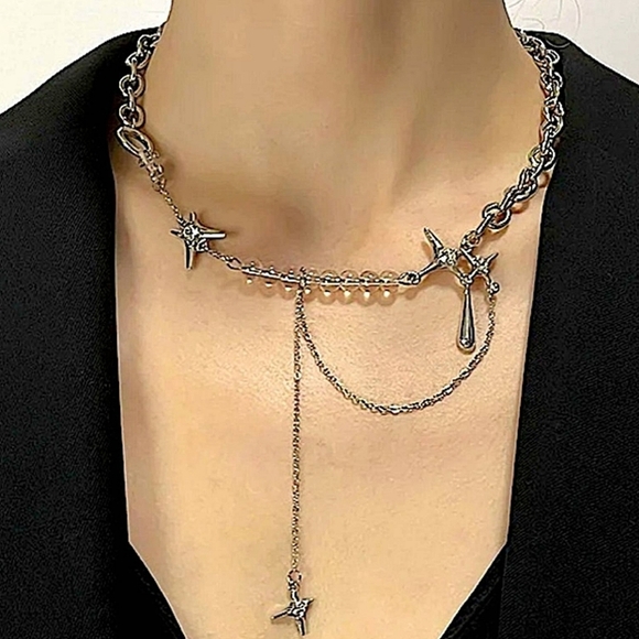 Silver North Star Beaded Chain Link Punk Necklace - Picture 13 of 13